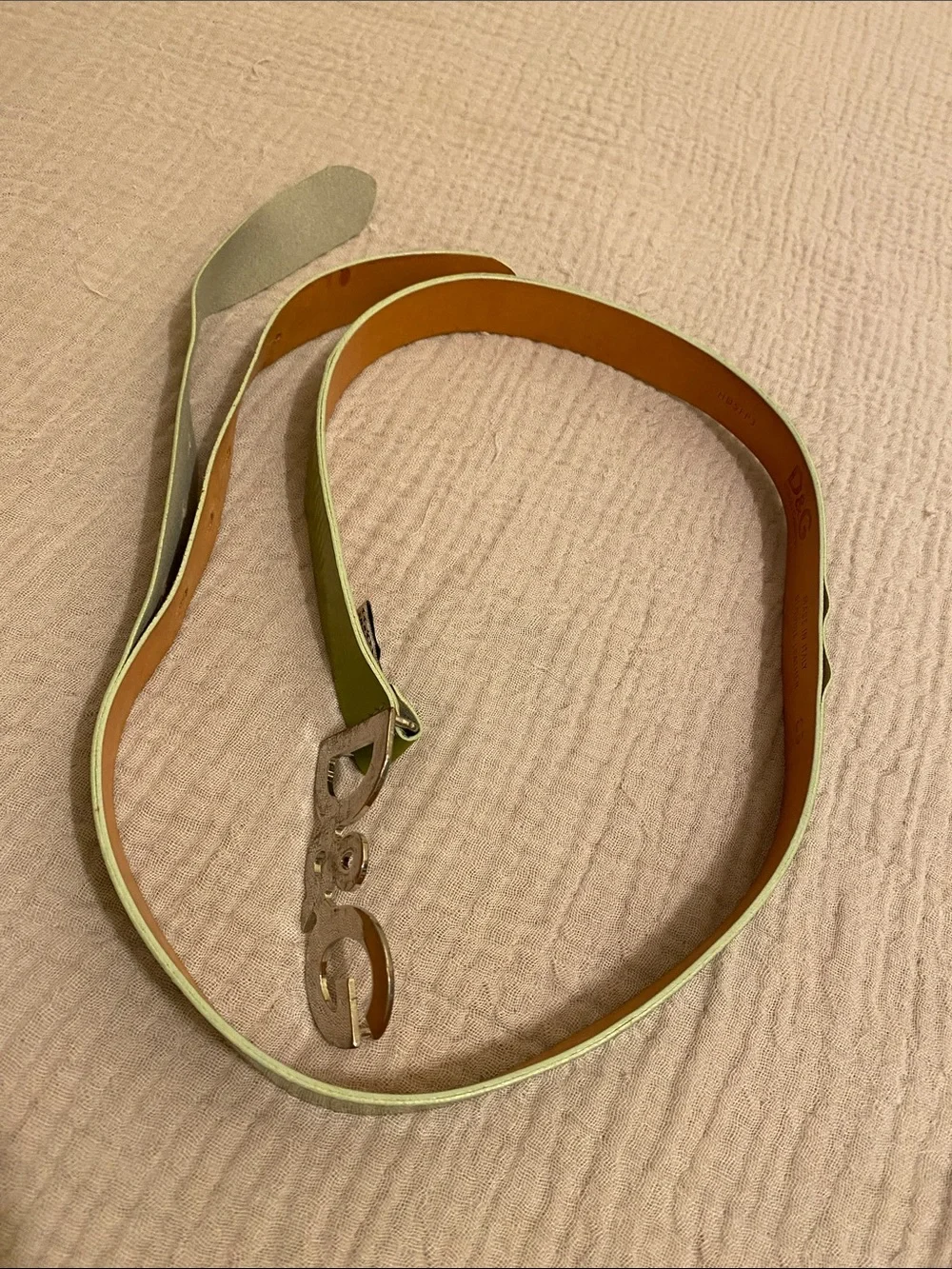 DOLCE & GABBANA D&G Lime Green Leather Belt with Silver Logo Buckle. Size 85